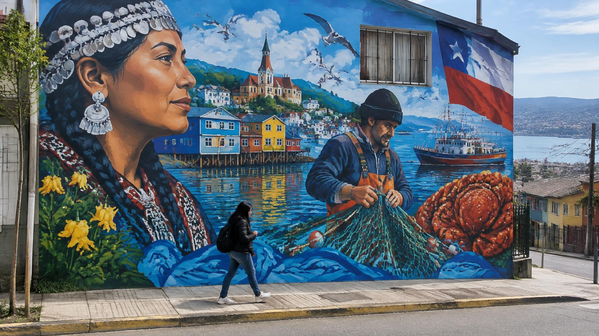 Large street art mural on a building wall in a Chilean neighborhood