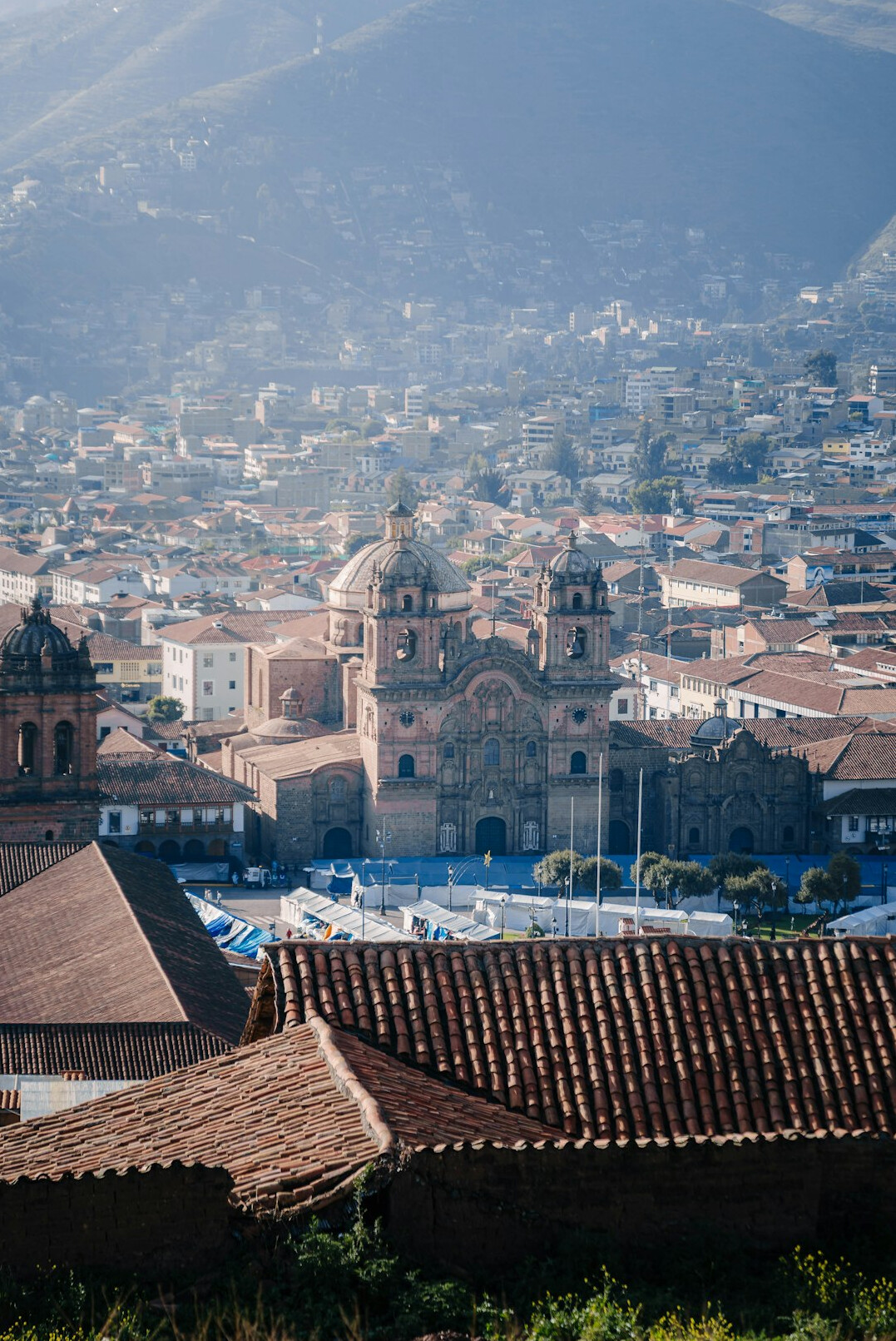 Rooftops of a Chilean city with the Andes mountains in the background