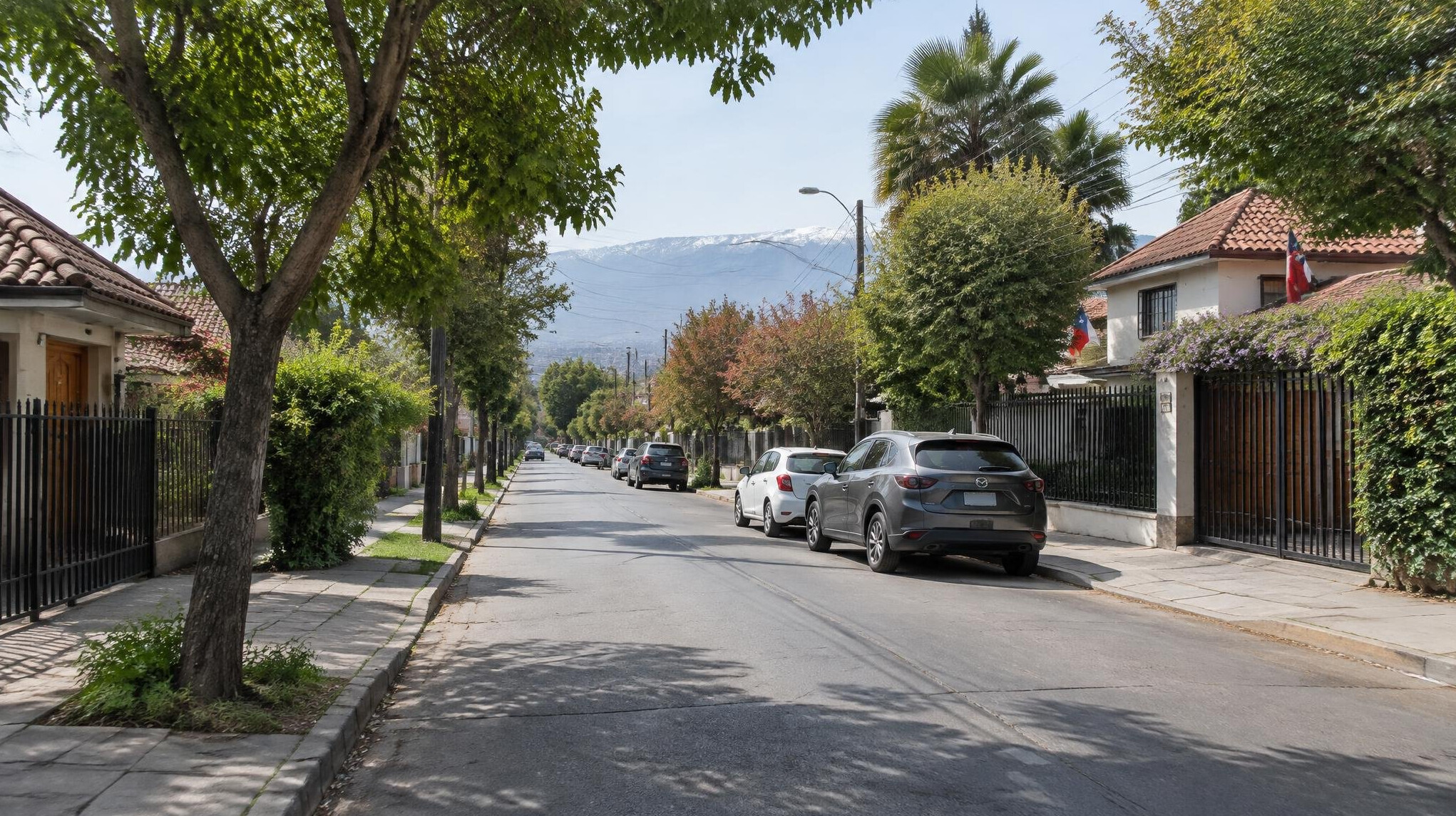 Residential street in a Santiago neighborhood with trees and old houses